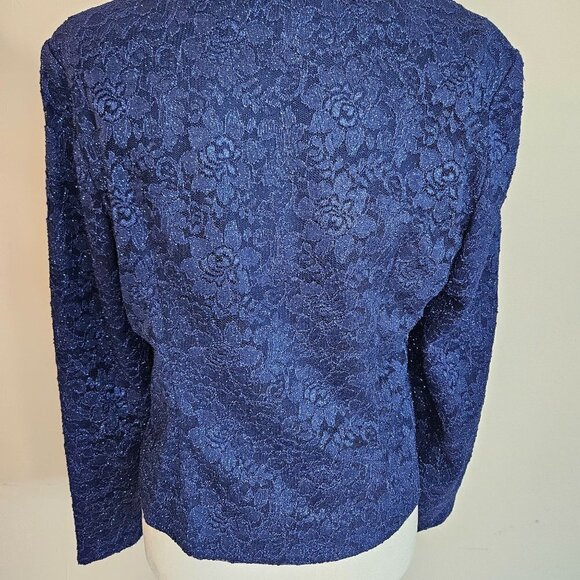 ALEX Evenings Size 12 Blazer Blue Metallic Sparkle Open Front Stretch - Picture 6 of 10